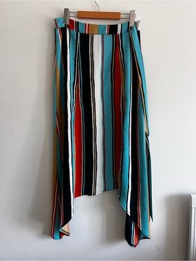 Sans Souci Striped Asymmetrical Skirt in Turquoise, Red, Black and Gold